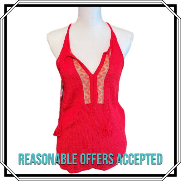 Lucky Tops - Lucky Brand Red Knit Crochet Racerback Tank Boho Tassel Aztec Print Size M